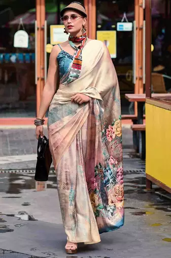 beige floral printed satin saree