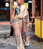 beige floral printed satin saree