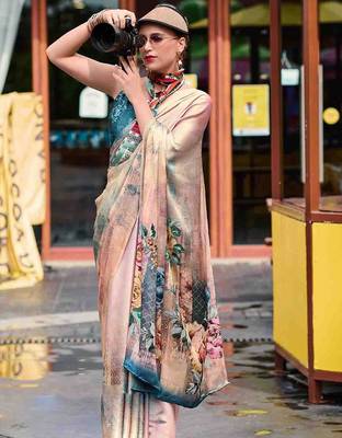 beige floral printed satin saree 2