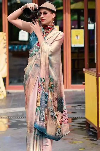 beige floral printed satin saree