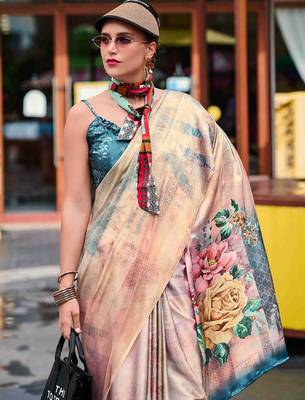 beige floral printed satin saree 3