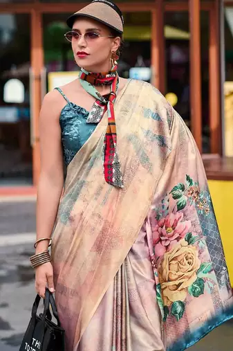 beige floral printed satin saree