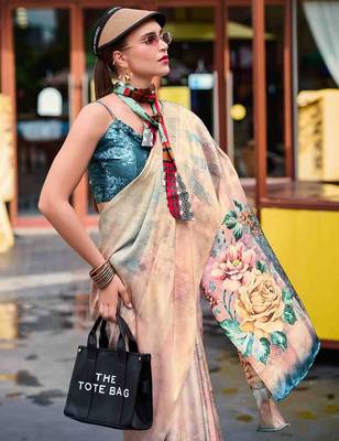 beige floral printed satin saree 4