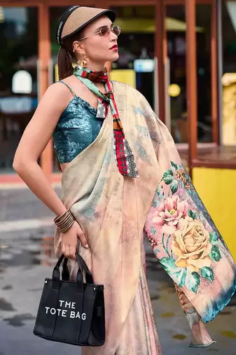 beige floral printed satin saree