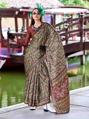 olive floral printed saree 1
