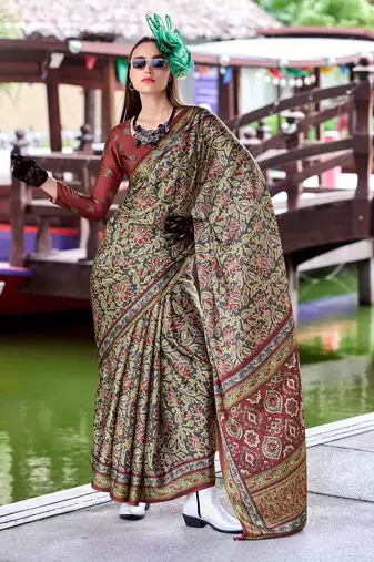 olive floral printed saree