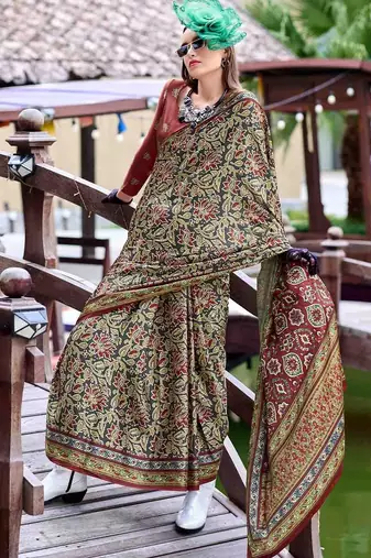 olive floral printed saree