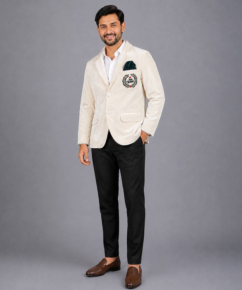 White embroidered velvet Men's blazer