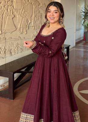 Maroon embroidered anarkali kurta set with pant and dupatta for women 2