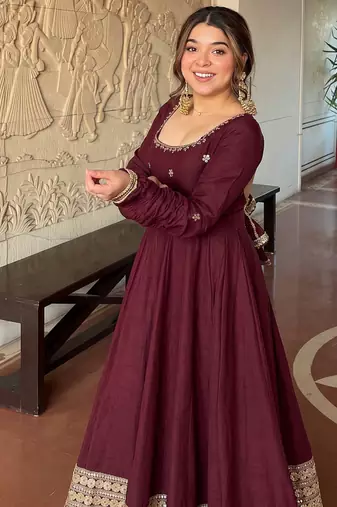 Maroon embroidered anarkali kurta set with pant and dupatta for women