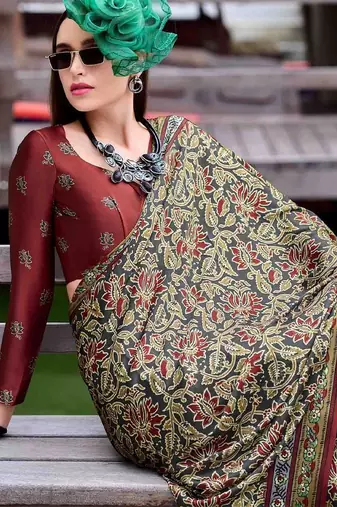 olive floral printed saree