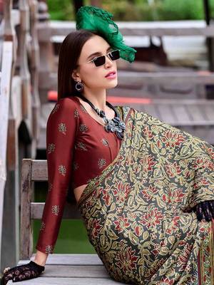 olive floral printed saree 4