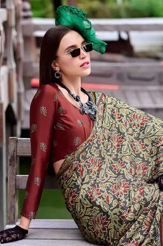 olive floral printed saree