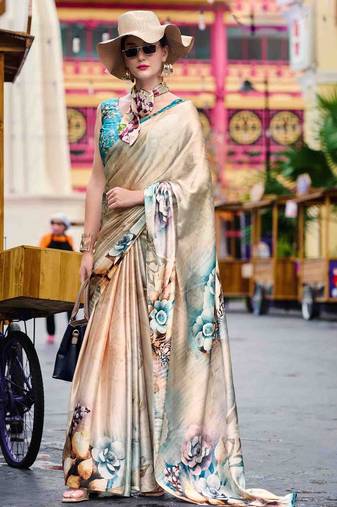cream women floral printed satin saree