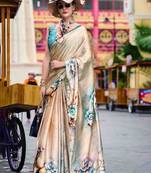 cream women floral printed satin saree