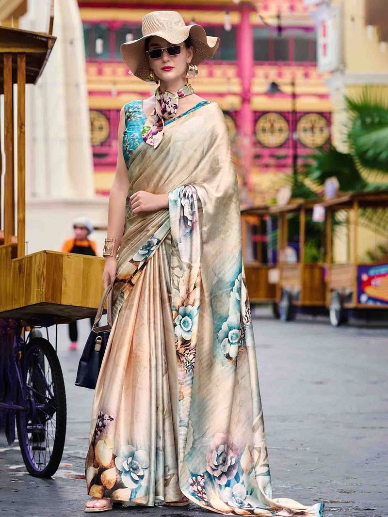 cream women floral printed satin saree