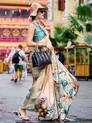 cream women floral printed satin saree 2