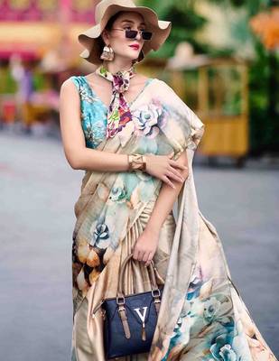 cream women floral printed satin saree 3