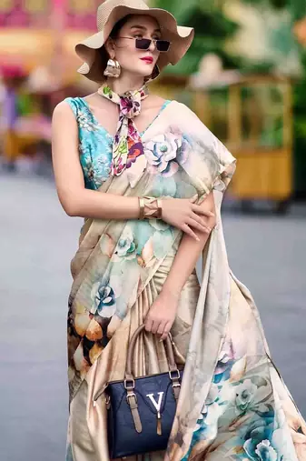 cream women floral printed satin saree
