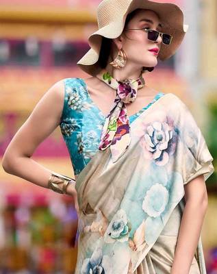 cream women floral printed satin saree 4