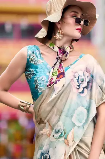 cream women floral printed satin saree