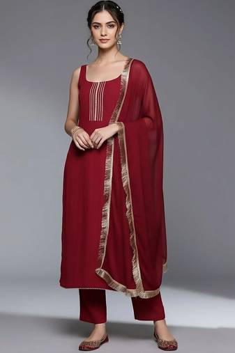 women ethnic motifs regular silk crepe kurta with trousers & with dupatta