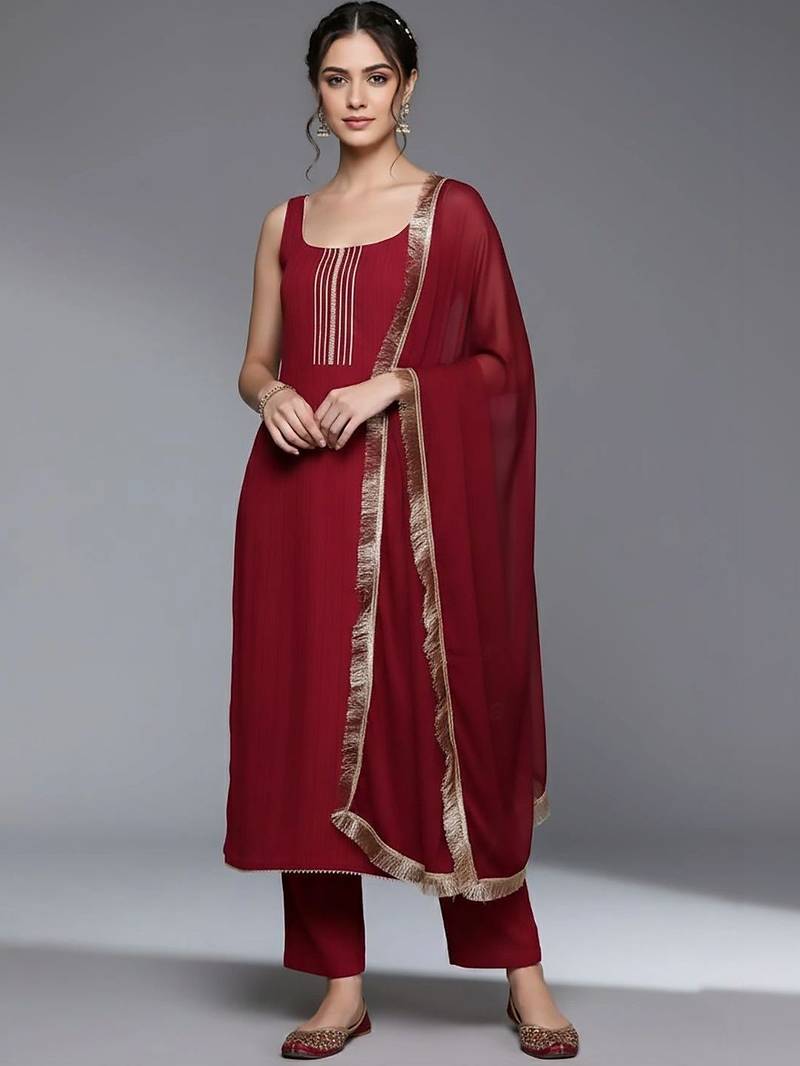 women ethnic motifs regular silk crepe kurta with trousers & with dupatta