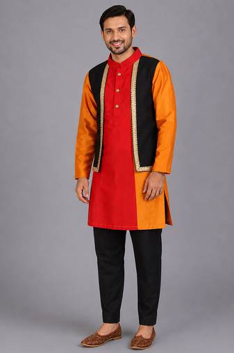 multicolor cotton silk men kurta set