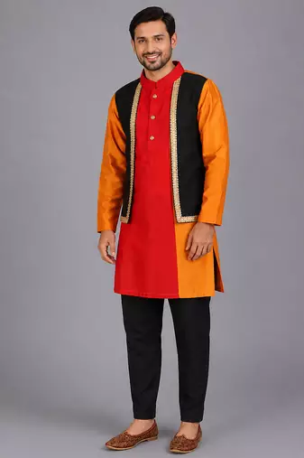 multicolor cotton silk men kurta set