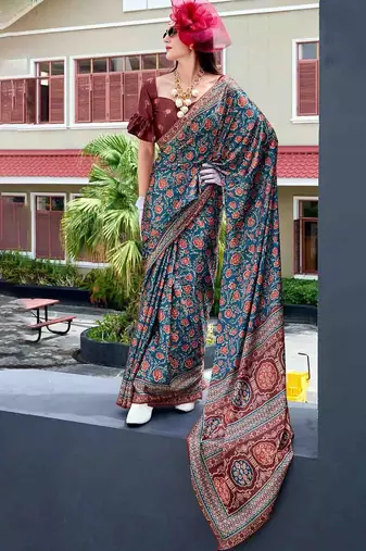 teal floral printed saree