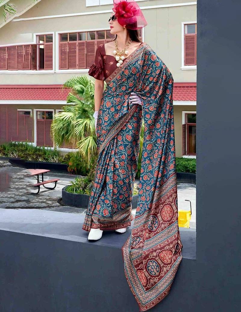 teal floral printed saree