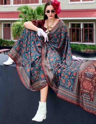 teal floral printed saree 2