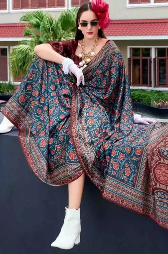teal floral printed saree