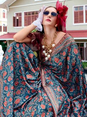 teal floral printed saree 3