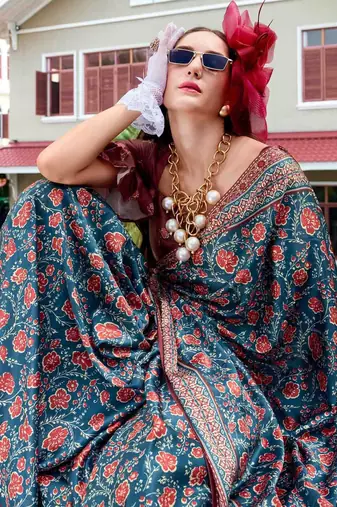 teal floral printed saree