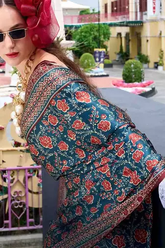 teal floral printed saree
