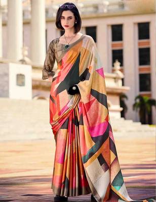 pink colourblocked saree with blouse piece 1