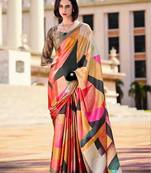 pink colourblocked saree with blouse piece