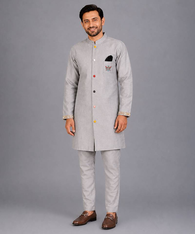 Grey cotton silk Men Bandhgala and Pant