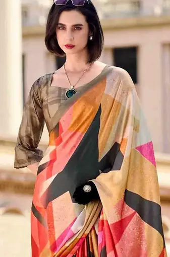 pink colourblocked saree with blouse piece