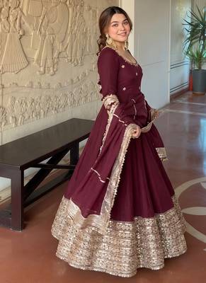 Maroon embroidered anarkali kurta set with pant and dupatta for women 3