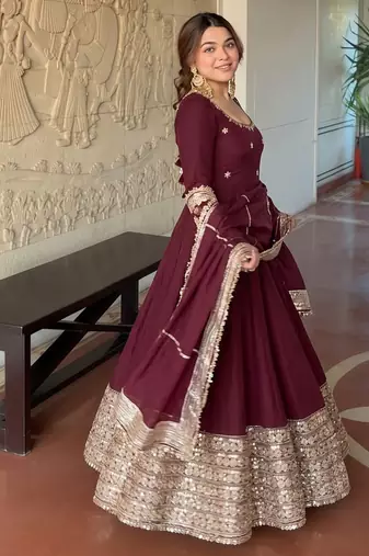 Maroon embroidered anarkali kurta set with pant and dupatta for women