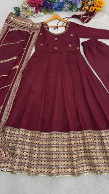 Maroon embroidered anarkali kurta set with pant and dupatta for women 4