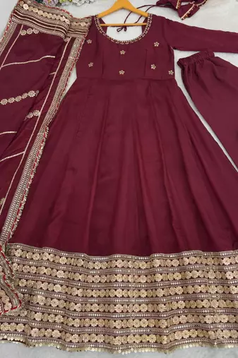 Maroon embroidered anarkali kurta set with pant and dupatta for women