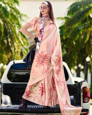 peach floral satin saree 1