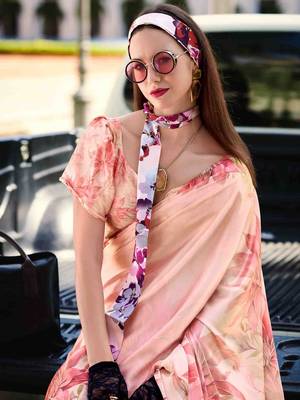 peach floral satin saree 2