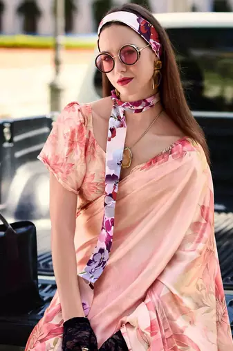 peach floral satin saree