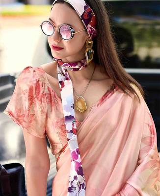peach floral satin saree 3