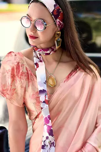 peach floral satin saree