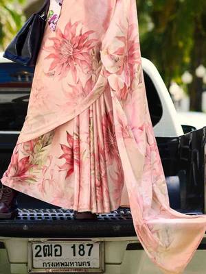 peach floral satin saree 4
